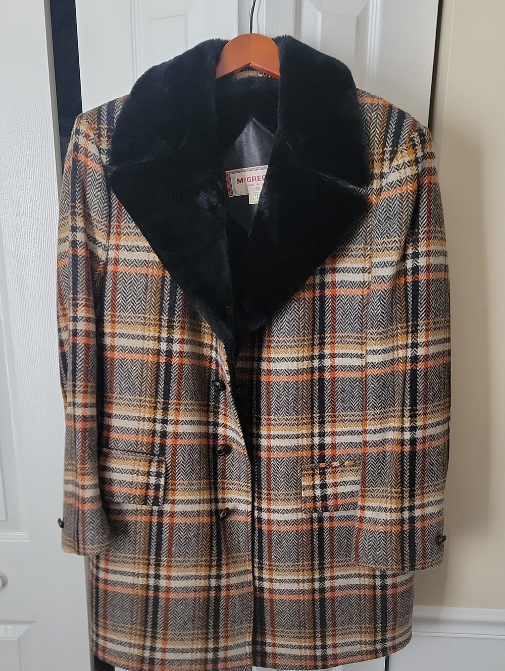 McGregor Plaid Wool Pea Coat with Black Faux Fur Collar